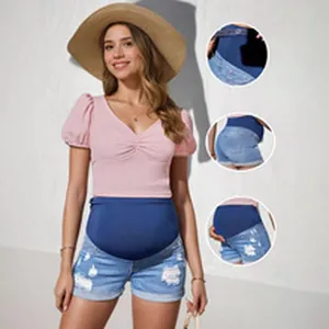 Short de maternité en jean délavé avec bandeau de soutien taille haute pour femme