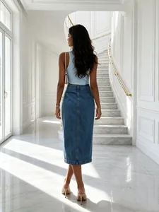 Back view of a chic high-waisted denim midi skirt with washed blue finish and top.
