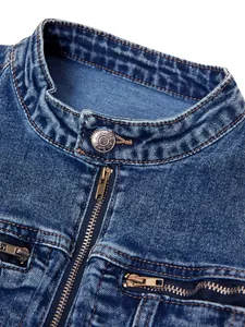 Detail shot of blue denim jacket showing collar texture, metal button and sturdy zipper closure