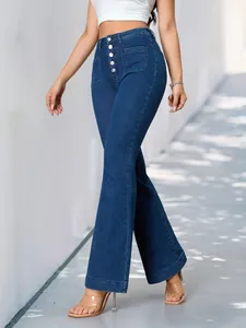 Eleganti jeans a zampa a vita alta in denim blu scuro con patta vintage a quattro bottoni