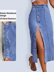 High waist blue wash button-down split denim midi skirt with elastic back waistband