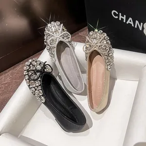 Ballerine con Fiocco di Strass Donna Stile Fata Dolce Suola Morbida Scarpe Basse Comode Scolpite