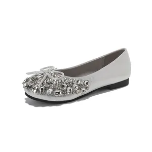 Scarpe basse argento con strass e fiocco da donna, eleganti ballerine da matrimonio