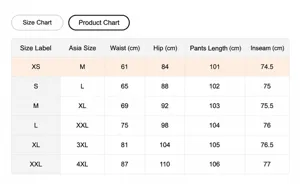 Comprehensive size chart detailing measurements for women's high-waist wide-leg straight jeans
