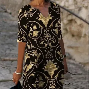 Women Vintage Printed Dress V-Neck Half Sleeve Plus Size Loose Casual Abstract Print Midi Dress Polyester Floral Robe