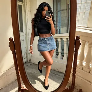 Lifestyle selfie σε καθρέφτη με ελαστική τζιν μίνι φούστα με ψηλή μέση για γυναίκες