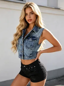 Gilet di jeans lavaggio vintage da donna con design corto senza maniche e collo a revers
