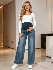High-waist maternity straight-leg denim jeans with elastic belly support band.
