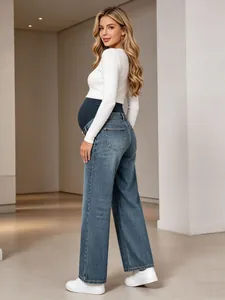 Stylish maternity straight-leg denim jeans with high-waist elastic belly support for comfort