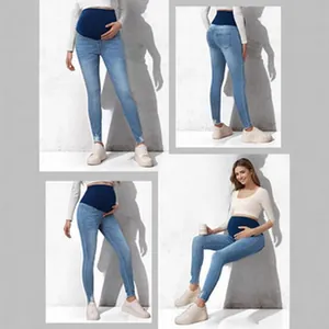 Vues détaillées montrant la coupe de ce jean de maternité avec soutien abdominal élastique.