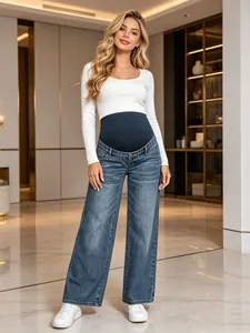 Stylish high-waist maternity straight-leg jeans with comfortable elastic belly support panel.