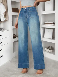 Full view of retro American style blue wide-leg jeans featuring front pockets on model