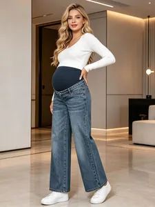 Maternity wide-leg jeans with high-waist abdominal support on a model