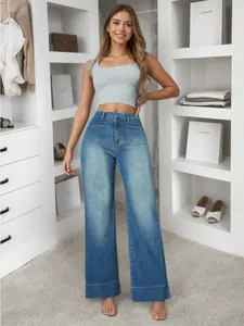 Women American Vintage Wide Leg Jeans Washed Denim Cotton Straight Loose Pants With Double Patch Pockets Streetwear Fashion Long Trousers