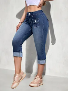 Pantalon court en jean stretch à taille haute pour femme avec poches fonctionnelles