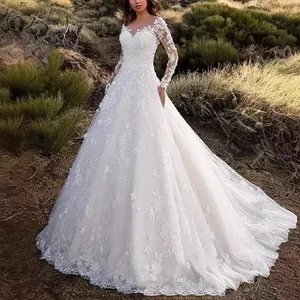 Elegant V Neck Long Sleeve Floral Lace Wedding Dress For Women Heavy Embroidery Large Train Bridal Evening Gown Dress