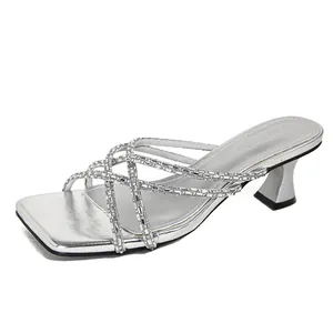 Elegant silver French style square toe heeled sandals with rhinestone straps for women