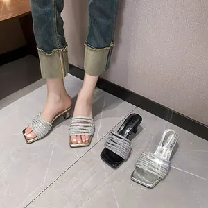 French Style Rhinestone High Heel Sandals Women Square Toe Block Heel Fairy Style Summer Slide Sandals Glitter Sparkly Dress Shoes