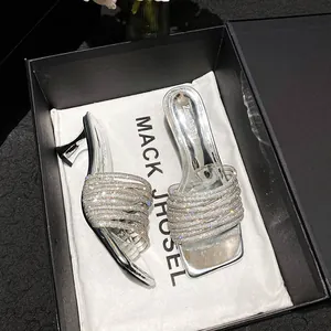 French style silver rhinestone high heel sandals for women presented in elegant black box