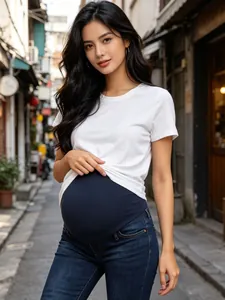 Maternity skinny jeans with high elastic belly support band in dark blue washed denim