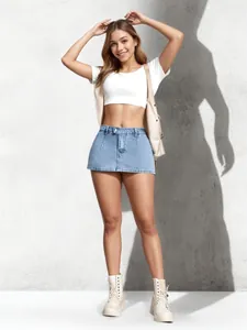 Fashionable light blue vintage denim miniskirt for women featuring a built-in safety lining