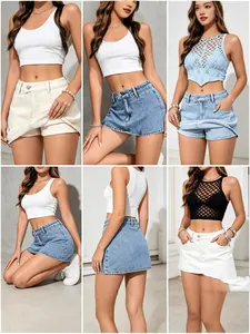 Multi-color women's vintage denim skort with built-in shorts for a stylish summer look