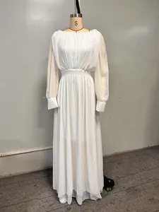 Elegant French style white double-layered chiffon maxi dress with long puff sleeves