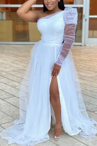 Women Plus Size One Shoulder Puff Long Sleeve Mesh Maxi Dress Elegant High Slit Party Evening Ball Gown Large Hem Solid Color Dress
