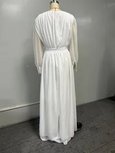 Elegant white chiffon maxi dress back view with pleated detail and long sleeves.