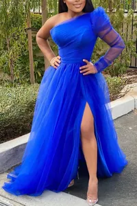Royal blue one-shoulder mesh evening gown with long sleeve and high slit plus size