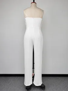 Detailed back view of an elegant white feather strapless jumpsuit on a mannequin