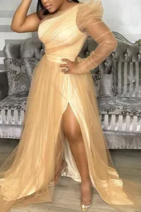 Elegant champagne one-shoulder mesh maxi dress with high slit and long puff sleeve