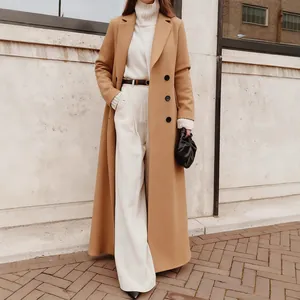 Elegant camel long wool blend coat for winter featuring a double-breasted design