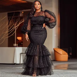 Women Plus Size Flocking Polka Dot Mesh Dress Puff Sleeve Mermaid Hem Sexy Elegant Embroidered Party Banquet Evening Dress