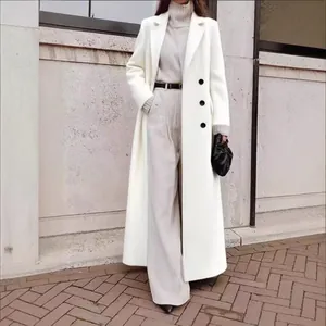 Elegant long white wool coat for women in autumn and winter with a minimalist design