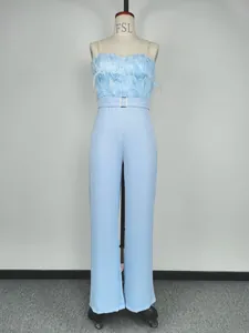 Detail showing the light blue feather tube top and belted waist of the jumpsuit.