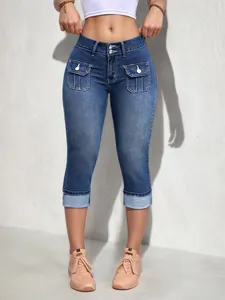 Pantacourt en Denim Skinny à Taille Haute pour Femmes Avec Poches à Rabat Utilitaire Jeans Cropped Extensible Bleu Foncé Lavé