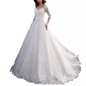 Elegant heavy lace wedding dress with long sleeves and floral train ball gown design