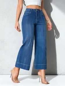 Pantalones vaqueros anchos para mujer en denim elástico azul con costura delantera
