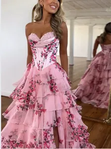French style pink floral strapless evening gown with corset bodice and tiered ruffles