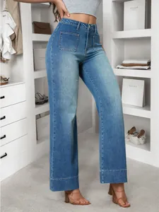 Retro American style light wash wide-leg denim jeans with front patch pockets