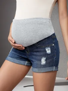 Short en Jean Déchiré de Maternité pour Femme Soutien du Ventre Haute Élasticité Short en Denim Délavé Ourlet à Revers Bas de Grossesse