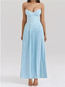Elegant sky blue strapless pleated maxi dress for 2025 summer fashion collection