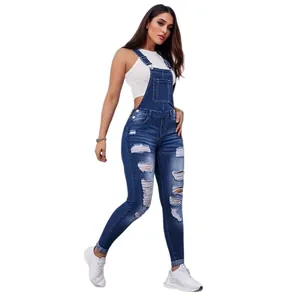 Stylish women's slim fit blue ripped denim overalls with stretch skinny leg design