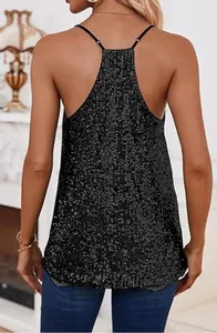 Back view of a black sequined camisole with racerback design and thin straps