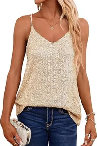Detail of a sparkling gold sequined V-neck camisole for women's elegant party wear