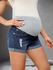 Short de maternité en jean usé avec bande de soutien abdominale grise extensible