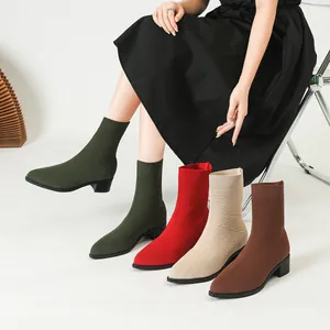 Botines de Punto con Punta Estrecha para Mujer Botas de Calcetín Elásticas Tacón de Bloque Moda