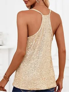 Detailed back view of a champagne gold sequined sleeveless camisole with adjustable straps