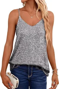 Sparkly silver sequined V-neck sleeveless camisole top with a loose, relaxed fit